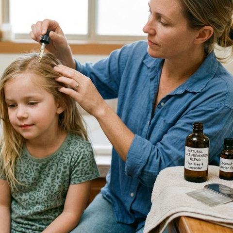 Applying essential oil for lice prevention to child’s scalp
