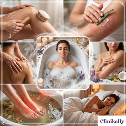Collage showing bath salt benefits including skin exfoliation, soothing irritated skin, muscle relaxation, hydration, foot care and improved sleep quality