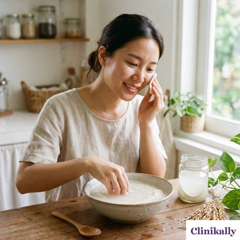 Women applying rice water facial application
