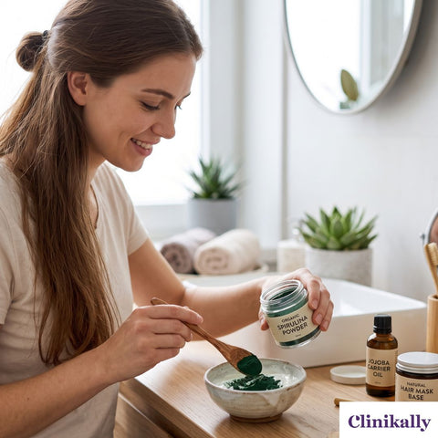 Woman mixing spirulina powder into a DIY hair mask