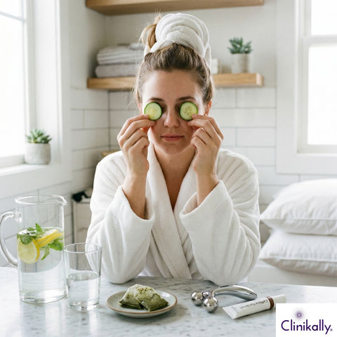 Woman applying cucumber slices to eyes in a spa-like setting with tea bags to reducing under-eye puffiness