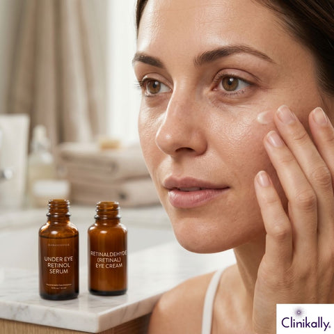 A women applying under eye Retinol and Retinal Serum