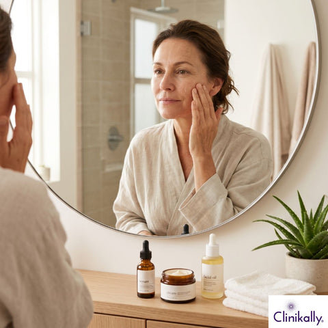Woman applying anti aging skincare in mirror