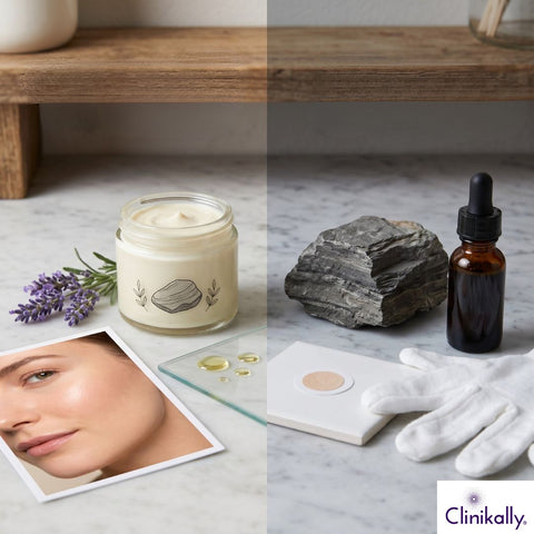 Shale oil skincare vs natural cream comparison with serum and ingredients