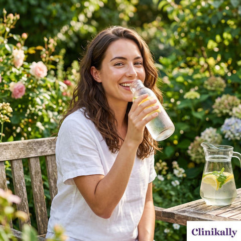 Woman drinking water for healthy hydrated skin