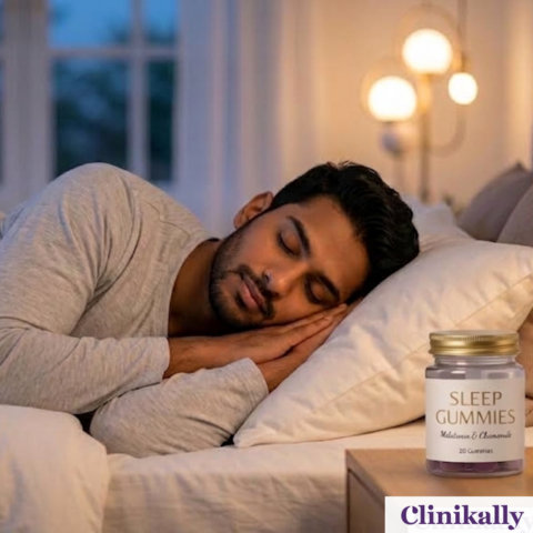 Man sleeping peacefully after taking sleep gummies