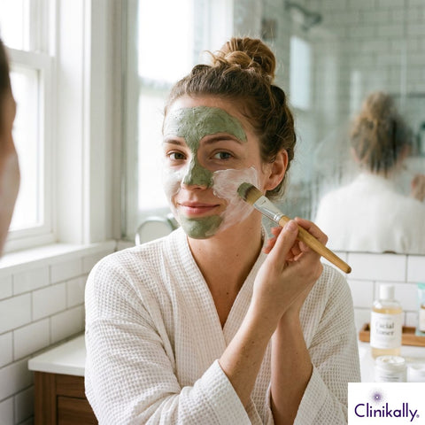 Woman applying green clay face mask
