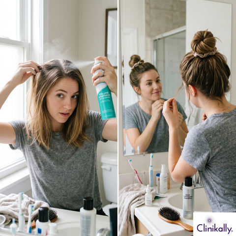 Woman applying dry shampoo to oily roots