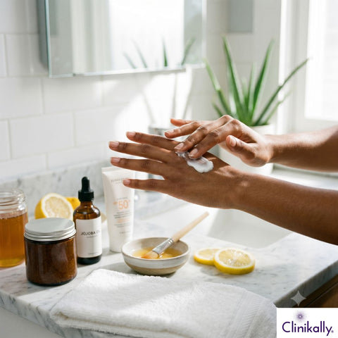Person applying moisturizing cream to dark knuckles