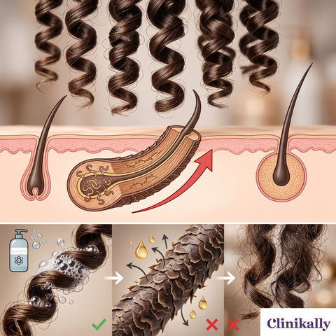Curly hair structure showing moisture loss and frizz formation