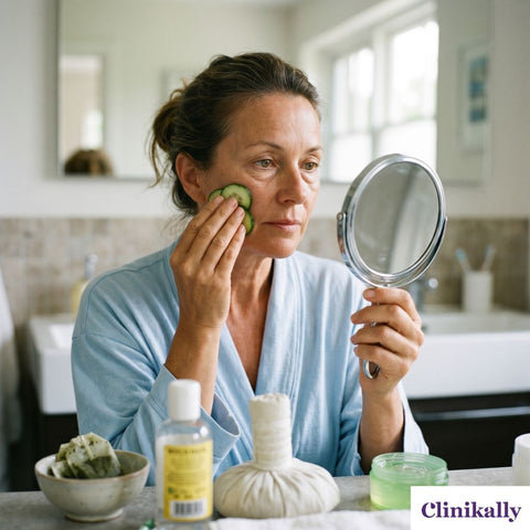 Woman using cucumber slices for under-eye puffiness