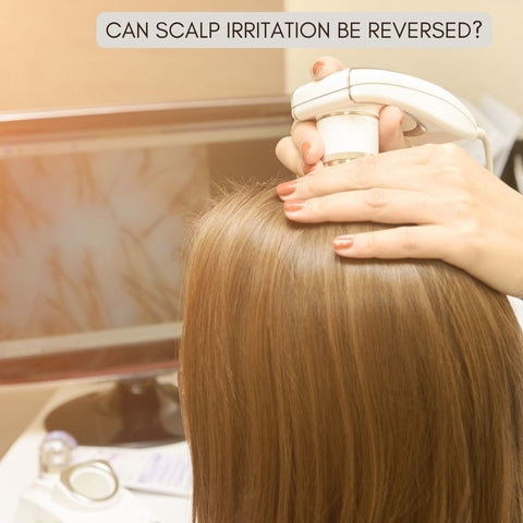 A women getting scalp treatment from a dermatologist. The text on the image is"Can Scalp Irritation Be Reversed?"