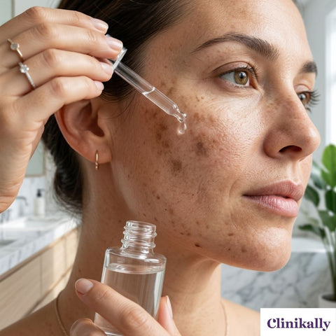 Woman applying serum to pigmented skin