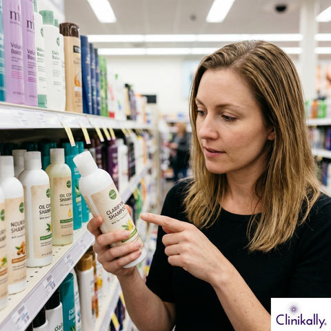 women choosing clarifying shampoo for oily hair