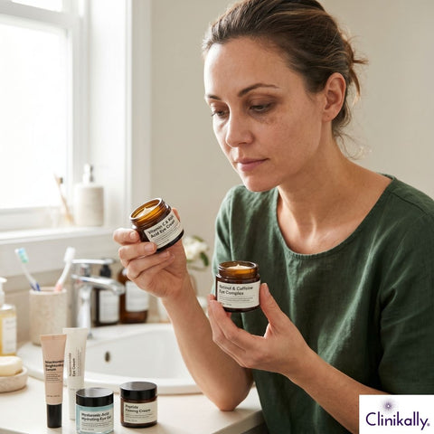 Woman choosing eye cream for dark eyelids
