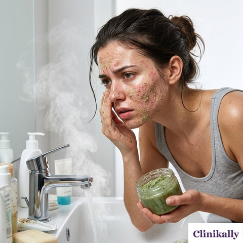 Woman with acne-prone oily skin using a homemade face scrub