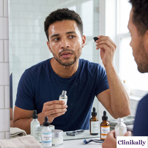 men over applying face serum on his face