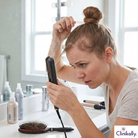 Woman checking thinning hair in mirror