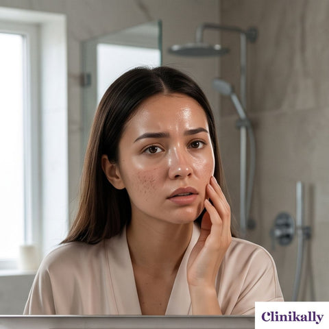 Woman checking oily combination skin
