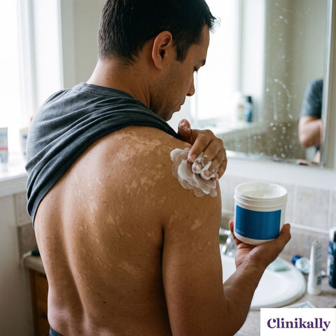 Man applying cream to tinea versicolor patches on shoulder