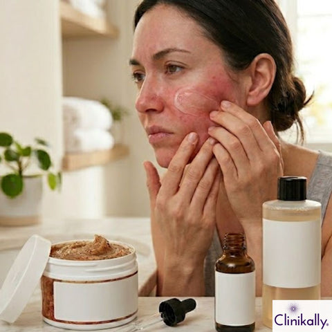 Woman applying hyaluronic acid serum on irritated sensitive skin with redness