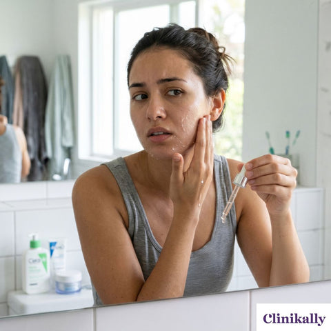 A women has dryness on his face after applying wrong niacinamide serum