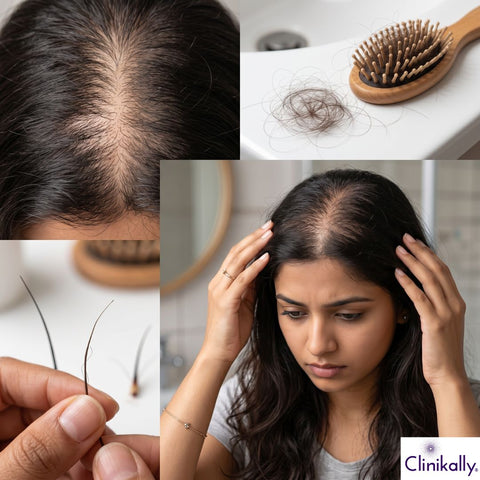 Woman showing thinning hair and hair fall