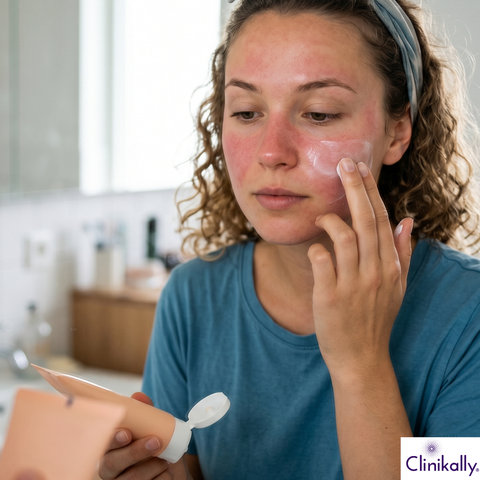 Woman applying sunscreen on irritated combination skin