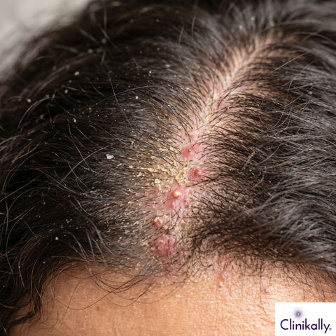 Inflamed scalp with fungal bumps