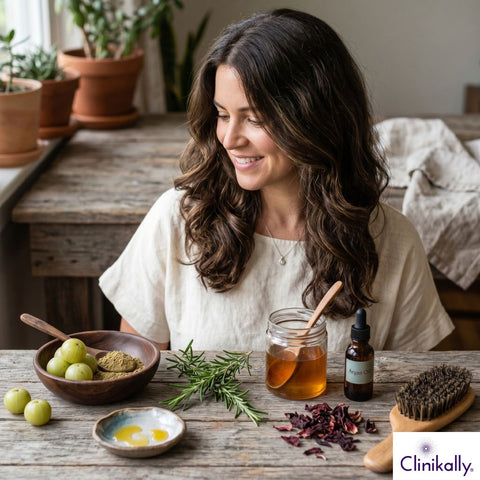 Woman with natural hair care ingredients