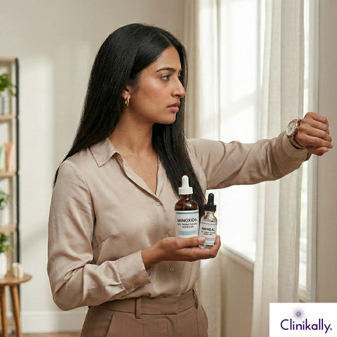A women looking at her watch while holding minoxidil and aminexil.