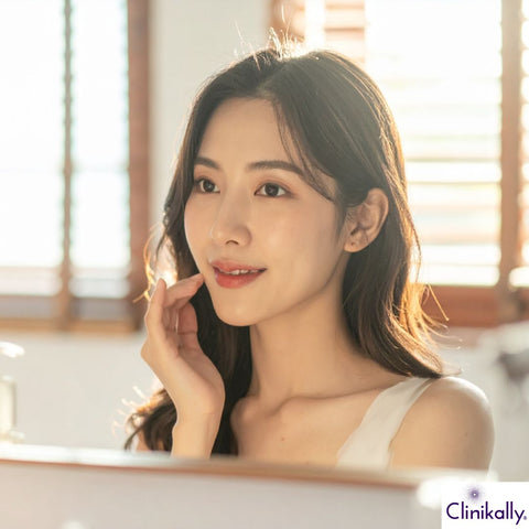 Woman with glowing skin following OTZ 10 skincare routine in natural sunlight