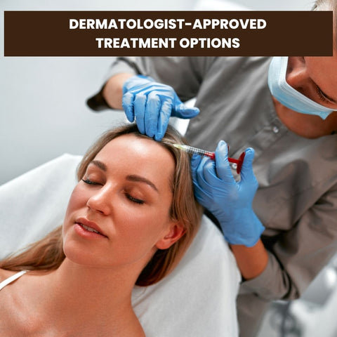 A women taking scalp treatment from a dermatologist. The text on the image says "Dermatologist-Approved Treatment Options"