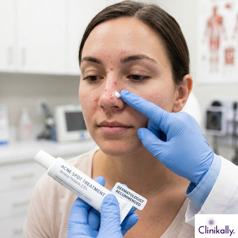 Dermatologist applying acne spot treatment on nasal pimples