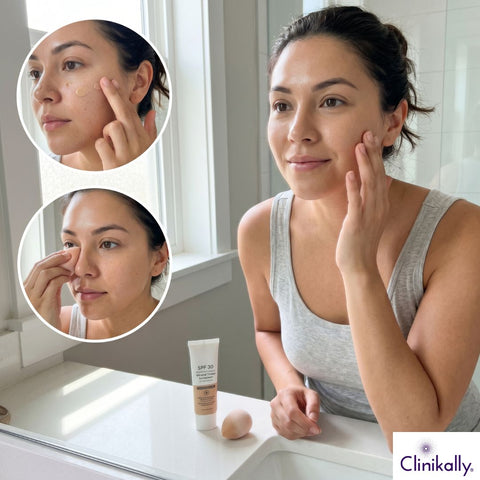 Applying tinted sunscreen on combination skin