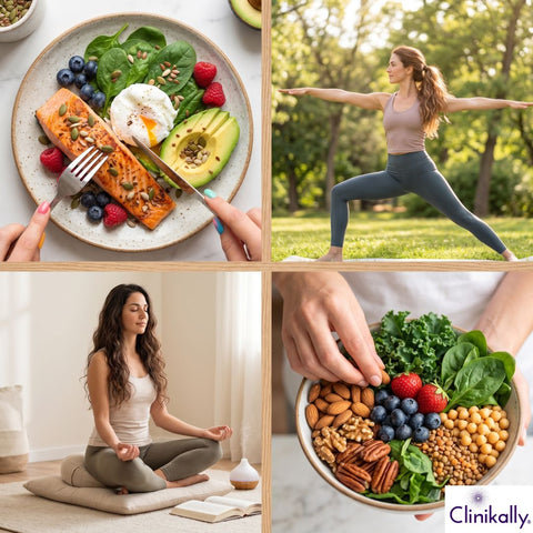 Healthy diet and women doing yoga for hair growth support