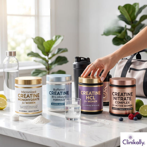Different types of creatine supplements for women displayed