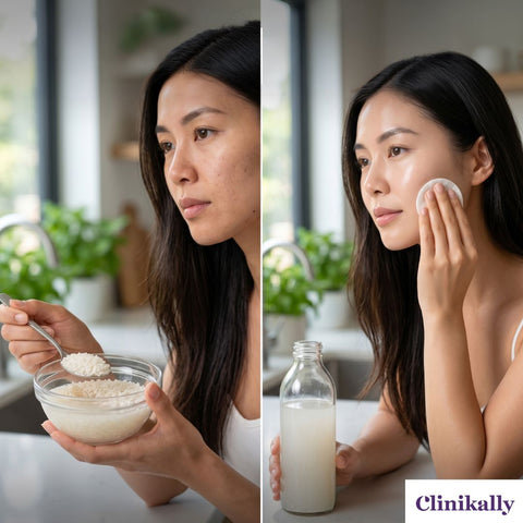 Women showing before and after rice water skincare routine