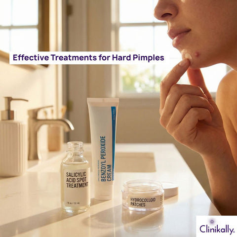 Woman treating chin pimple with acne products