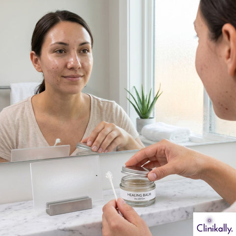 Woman using healing balm for nasal pimple skincare routine