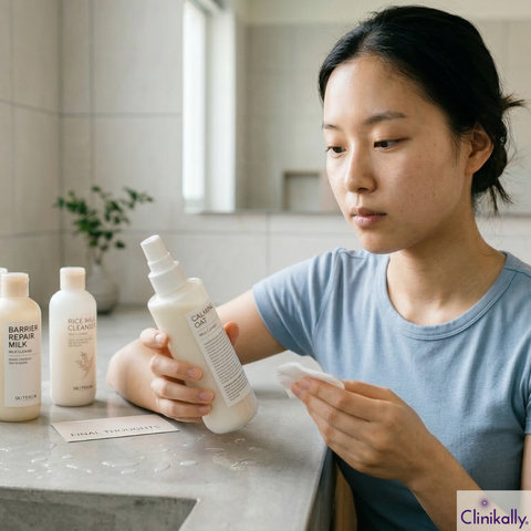 A Lady closely looking at bottle of a cleanser