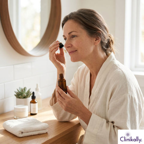 Woman applying facial serum for healthy aging skin