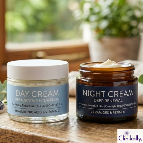Day and night cream jars on table
