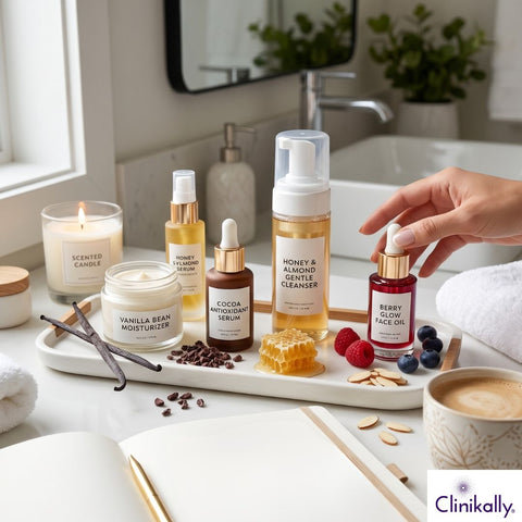 Gourmand skincare routine with honey almond berry and vanilla products