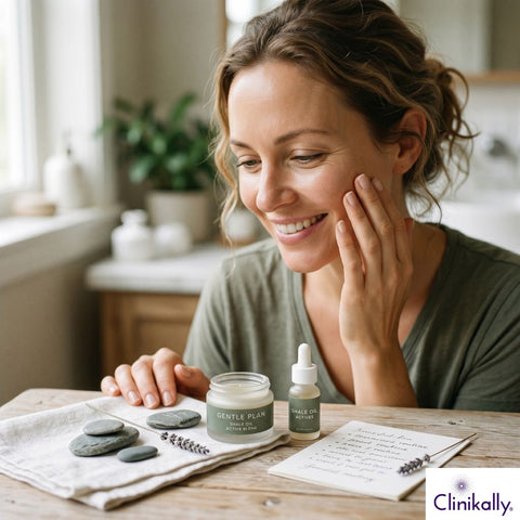 Woman using shale oil skincare for calm clear skin routine