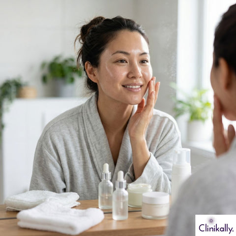 Woman applying skincare for hydrated glowing glass skin