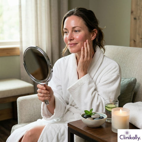 Woman checking skin after facial treatment