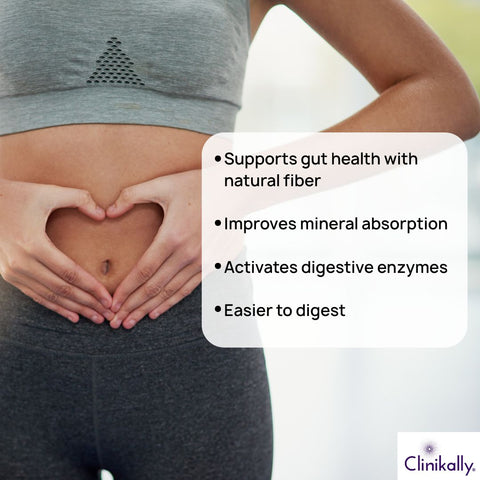 Woman showing good gut with benefits highlighted in box