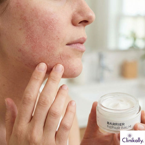 Woman with skin damage applying face cream