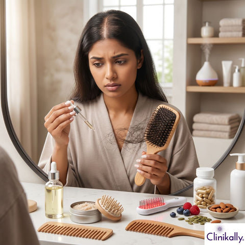 Woman using hair serum for thinning hair care